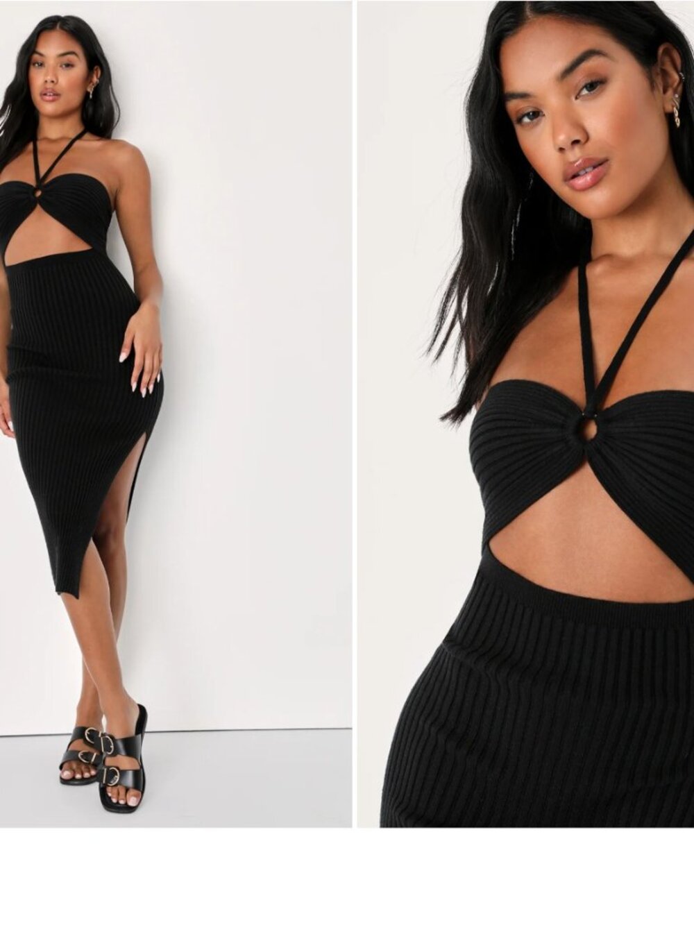 Leading the Trends Black Ribbed Knit Cutout Halter Midi Dress Size L